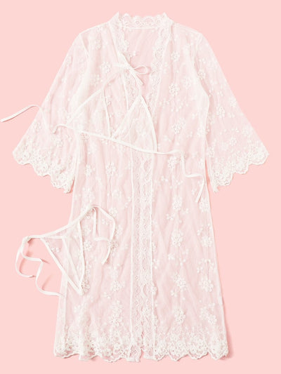 Floral<b style="color:White;"><font size="1"> -</font></b>Lace<b style="color:White;"><font size="1"> -</font></b>Sheer Lingerie Set With Robe