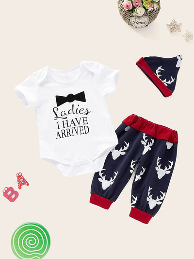 Baby<b style="color:White;"><font size="1"> -</font></b>Slogan<b style="color:White;"><font size="1"> -</font></b>Print<b style="color:White;"><font size="1"> -</font></b>Romper & Deer Print Pants & Hat