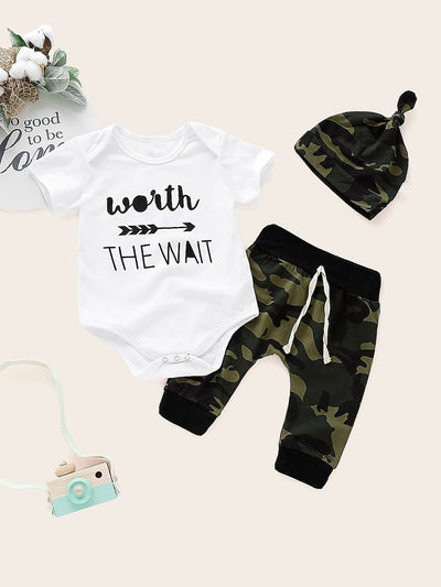 Baby<b style="color:White;"><font size="1"> -</font></b>Letter Print Romper & Camo Pants & Hat