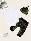 Baby<b style="color:White;"><font size="1"> -</font></b>Letter Print Romper & Camo Pants & Hat