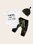 Baby<b style="color:White;"><font size="1"> -</font></b>Letter Print Romper & Camo Pants & Hat