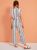 Girls<b style="color:White;"><font size="1"> -</font></b>Ruffle Trim Striped Belted Jumpsuit