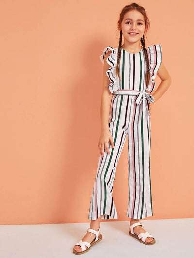 Girls<b style="color:White;"><font size="1"> -</font></b>Ruffle Trim Striped Belted Jumpsuit