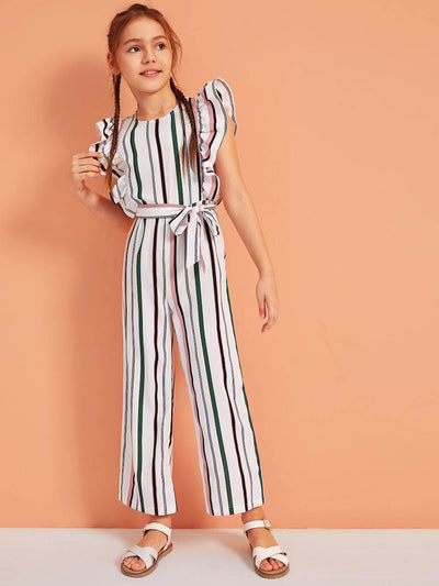 Girls<b style="color:White;"><font size="1"> -</font></b>Ruffle Trim Striped Belted Jumpsuit