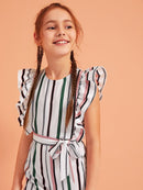 Girls<b style="color:White;"><font size="1"> -</font></b>Ruffle Trim Striped Belted Jumpsuit