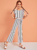 Girls<b style="color:White;"><font size="1"> -</font></b>Ruffle Trim Striped Belted Jumpsuit