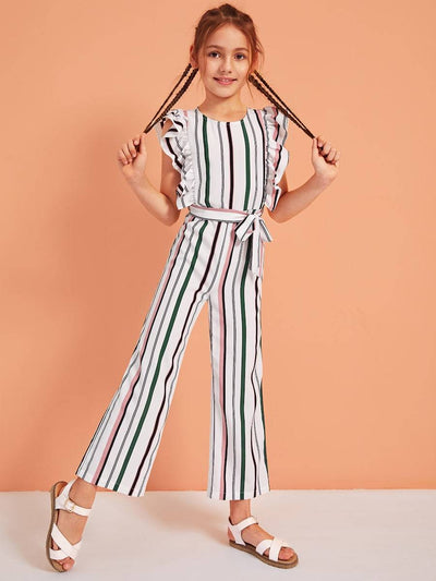 Girls<b style="color:White;"><font size="1"> -</font></b>Ruffle Trim Striped Belted Jumpsuit