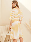 Deep<b style="color:White;"><font size="1"> -</font></b>V-neck<b style="color:White;"><font size="1"> -</font></b>Button Front Striped Belted Dress