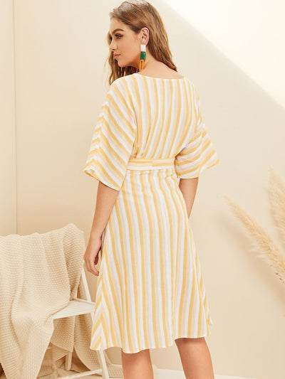 Deep<b style="color:White;"><font size="1"> -</font></b>V-neck<b style="color:White;"><font size="1"> -</font></b>Button Front Striped Belted Dress