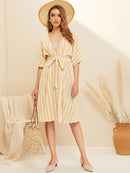 Deep<b style="color:White;"><font size="1"> -</font></b>V-neck<b style="color:White;"><font size="1"> -</font></b>Button Front Striped Belted Dress