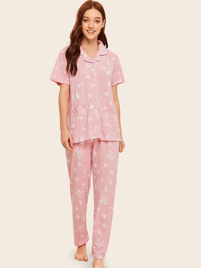 Leaf<b style="color:White;"><font size="1"> -</font></b>&<b style="color:White;"><font size="1"> -</font></b>Bird Print Button-up Pajama Set