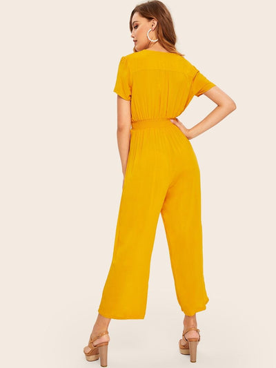 Buttoned<b style="color:White;"><font size="1"> -</font></b>Shirred<b style="color:White;"><font size="1"> -</font></b>Waist Wide Leg Jumpsuit