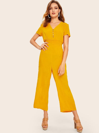 Buttoned<b style="color:White;"><font size="1"> -</font></b>Shirred<b style="color:White;"><font size="1"> -</font></b>Waist Wide Leg Jumpsuit