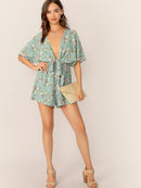 Plunge<b style="color:White;"><font size="1"> -</font></b>Neck<b style="color:White;"><font size="1"> -</font></b>Knotted Floral & Dot Romper