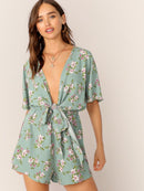 Plunge<b style="color:White;"><font size="1"> -</font></b>Neck<b style="color:White;"><font size="1"> -</font></b>Knotted Floral & Dot Romper