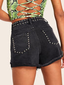 Studded<b style="color:White;"><font size="1"> -</font></b>Trim<b style="color:White;"><font size="1"> -</font></b>Raw Hem Denim Shorts