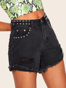 Studded<b style="color:White;"><font size="1"> -</font></b>Trim<b style="color:White;"><font size="1"> -</font></b>Raw Hem Denim Shorts