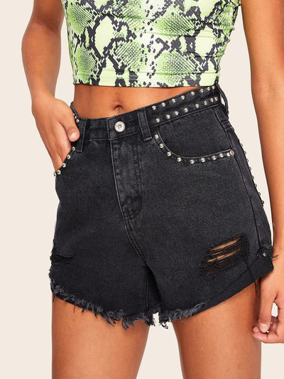 Studded<b style="color:White;"><font size="1"> -</font></b>Trim<b style="color:White;"><font size="1"> -</font></b>Raw Hem Denim Shorts