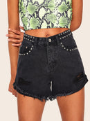 Studded<b style="color:White;"><font size="1"> -</font></b>Trim<b style="color:White;"><font size="1"> -</font></b>Raw Hem Denim Shorts