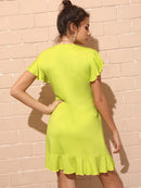 Neon<b style="color:White;"><font size="1"> -</font></b>Yellow<b style="color:White;"><font size="1"> -</font></b>Flounce Trim Wrap Dress