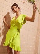 Neon<b style="color:White;"><font size="1"> -</font></b>Yellow<b style="color:White;"><font size="1"> -</font></b>Flounce Trim Wrap Dress