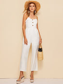 Button<b style="color:White;"><font size="1"> -</font></b>Front Ruffle Trim Crinkle Cami Jumpsuit