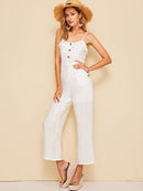 Button<b style="color:White;"><font size="1"> -</font></b>Front Ruffle Trim Crinkle Cami Jumpsuit