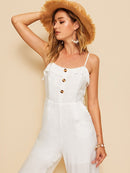 Button<b style="color:White;"><font size="1"> -</font></b>Front Ruffle Trim Crinkle Cami Jumpsuit