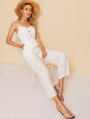 Button<b style="color:White;"><font size="1"> -</font></b>Front Ruffle Trim Crinkle Cami Jumpsuit