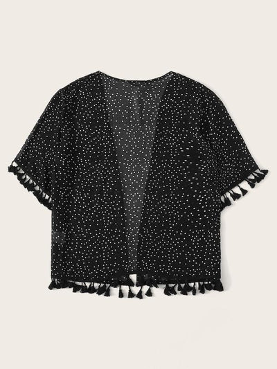 Tassel<b style="color:White;"><font size="1"> -</font></b>Hem Polka-dot Print Kimono