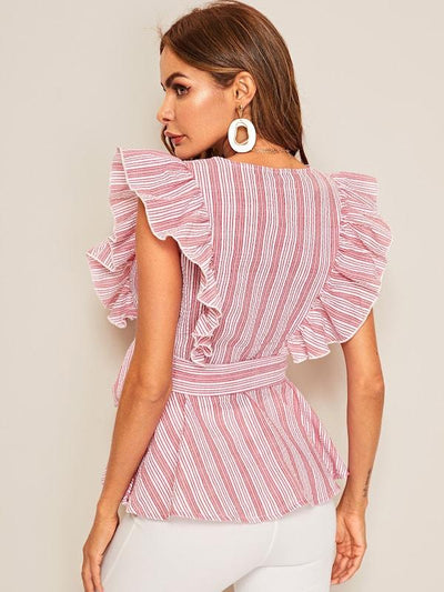 Ruffle<b style="color:White;"><font size="1"> -</font></b>Detail Belted Striped Top