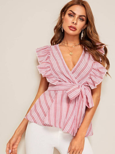 Ruffle<b style="color:White;"><font size="1"> -</font></b>Detail Belted Striped Top