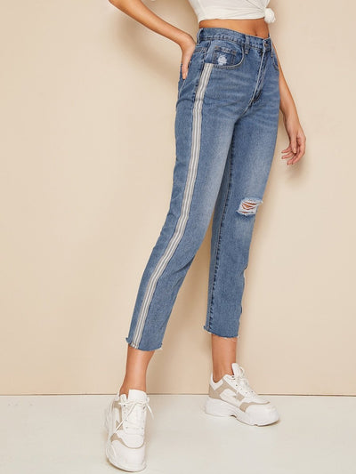 Side<b style="color:White;"><font size="1"> -</font></b>Striped<b style="color:White;"><font size="1"> -</font></b>Tape Ripped Detail Denim Jeans