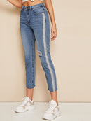 Side<b style="color:White;"><font size="1"> -</font></b>Striped<b style="color:White;"><font size="1"> -</font></b>Tape Ripped Detail Denim Jeans