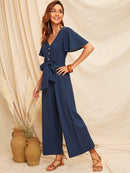 Buttoned<b style="color:White;"><font size="1"> -</font></b>Front<b style="color:White;"><font size="1"> -</font></b>Belted Wide Leg Jumpsuit