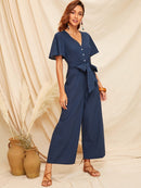 Buttoned<b style="color:White;"><font size="1"> -</font></b>Front<b style="color:White;"><font size="1"> -</font></b>Belted Wide Leg Jumpsuit