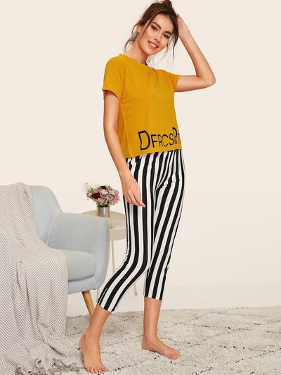 Top & Striped Pants PJ Set