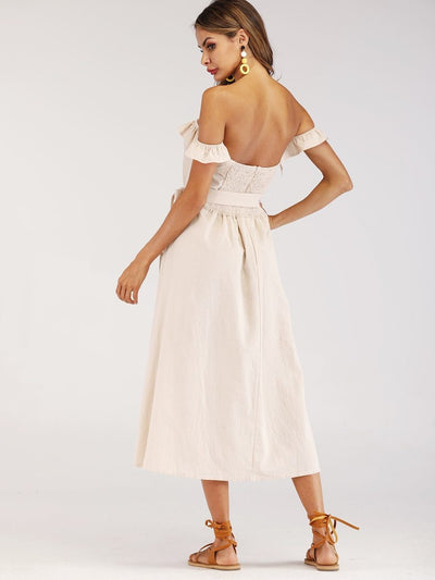 Frill<b style="color:White;"><font size="1"> -</font></b>Button<b style="color:White;"><font size="1"> -</font></b>Front Shirred Belted Bardot Dress