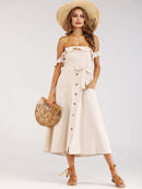 Frill<b style="color:White;"><font size="1"> -</font></b>Button<b style="color:White;"><font size="1"> -</font></b>Front Shirred Belted Bardot Dress