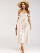 Frill<b style="color:White;"><font size="1"> -</font></b>Button<b style="color:White;"><font size="1"> -</font></b>Front Shirred Belted Bardot Dress