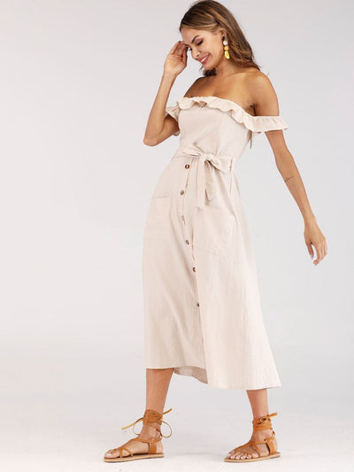 Frill<b style="color:White;"><font size="1"> -</font></b>Button<b style="color:White;"><font size="1"> -</font></b>Front Shirred Belted Bardot Dress