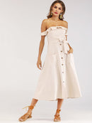 Frill<b style="color:White;"><font size="1"> -</font></b>Button<b style="color:White;"><font size="1"> -</font></b>Front Shirred Belted Bardot Dress