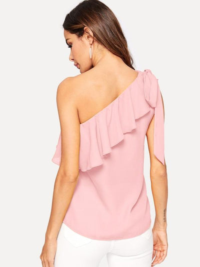 Asymmetrical<b style="color:White;"><font size="1"> -</font></b>Flounce<b style="color:White;"><font size="1"> -</font></b>Trim Knot One Shoulder Top