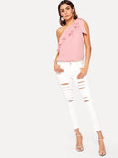 Asymmetrical<b style="color:White;"><font size="1"> -</font></b>Flounce<b style="color:White;"><font size="1"> -</font></b>Trim Knot One Shoulder Top