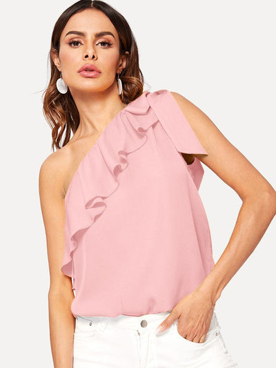 Asymmetrical<b style="color:White;"><font size="1"> -</font></b>Flounce<b style="color:White;"><font size="1"> -</font></b>Trim Knot One Shoulder Top