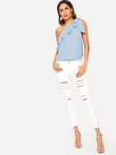 Asymmetrical<b style="color:White;"><font size="1"> -</font></b>Flounce<b style="color:White;"><font size="1"> -</font></b>Trim Knot One Shoulder Top