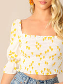 Heart<b style="color:White;"><font size="1"> -</font></b>Print<b style="color:White;"><font size="1"> -</font></b>Gathered Sleeve Shirred Crop Top