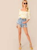 Heart<b style="color:White;"><font size="1"> -</font></b>Print<b style="color:White;"><font size="1"> -</font></b>Gathered Sleeve Shirred Crop Top