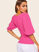 Neon<b style="color:White;"><font size="1"> -</font></b>Orange<b style="color:White;"><font size="1"> -</font></b>Square Neck Puff Sleeve Top