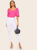 Neon<b style="color:White;"><font size="1"> -</font></b>Orange<b style="color:White;"><font size="1"> -</font></b>Square Neck Puff Sleeve Top